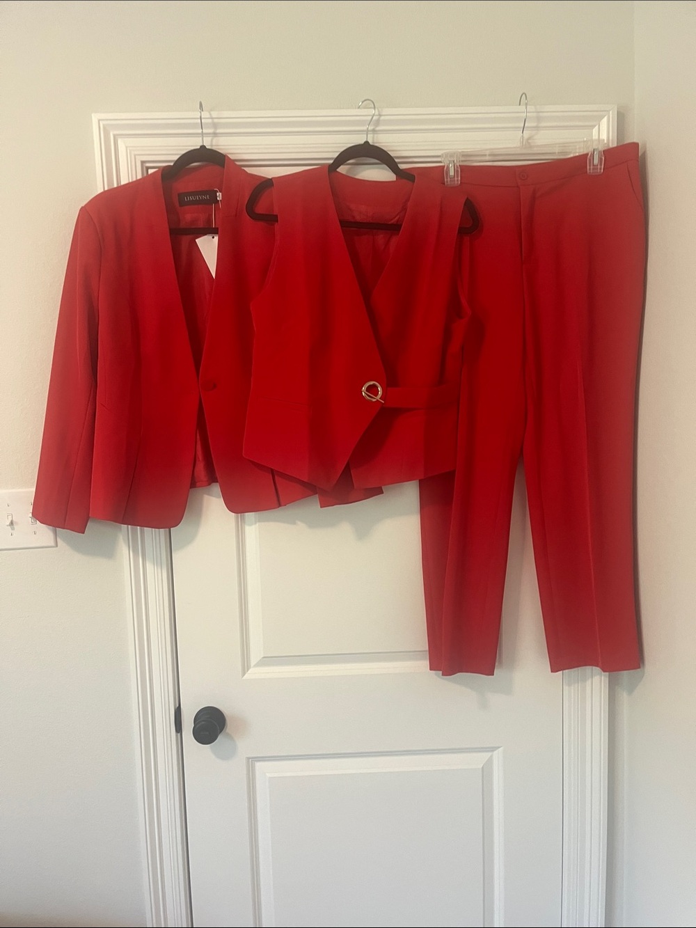 Le Suit Red Three-Piece Women's Pant Suit — Blazer, Vest & Trousers